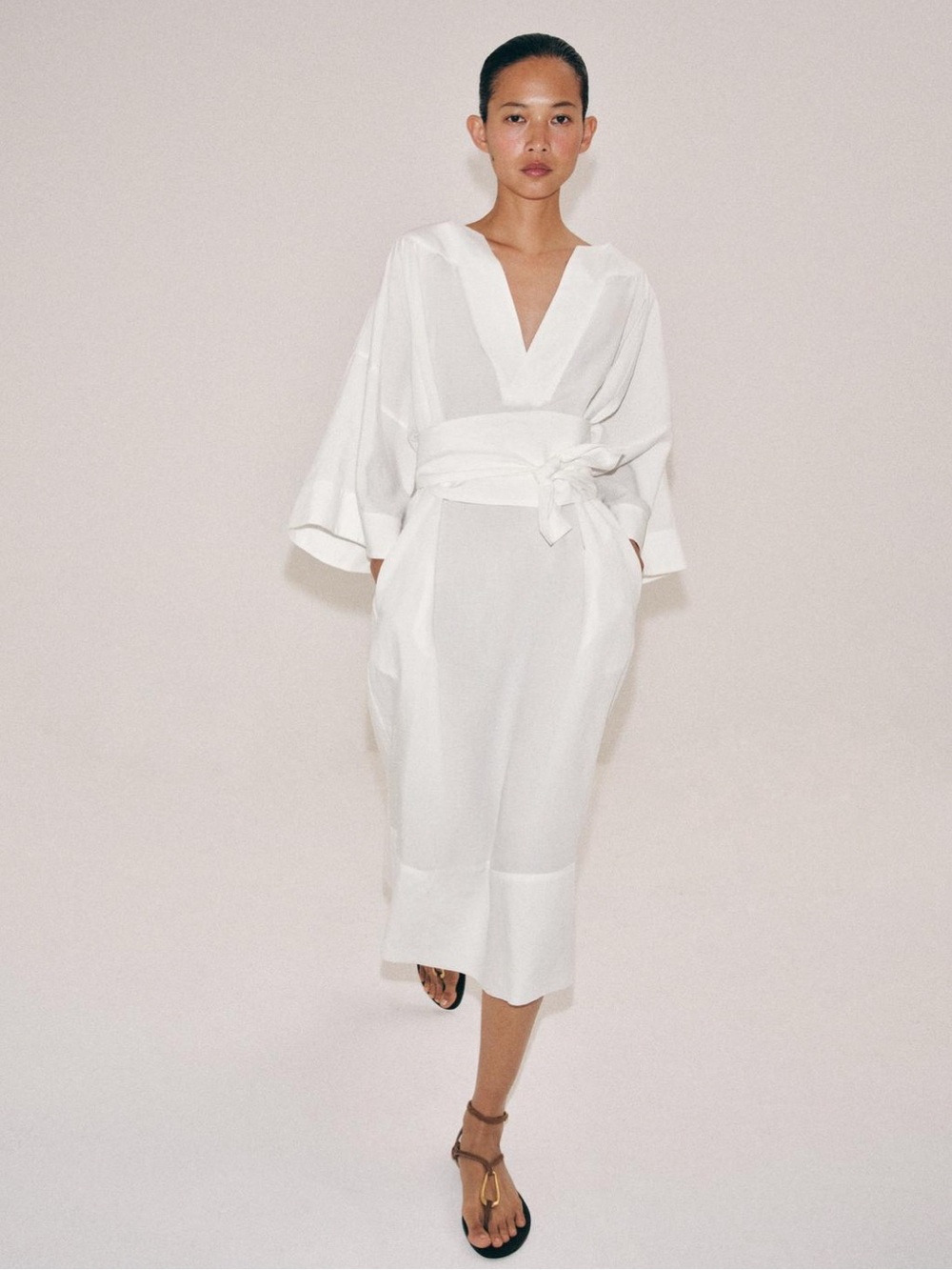 Zara White V-Neck Tie-Waist Midi Dress